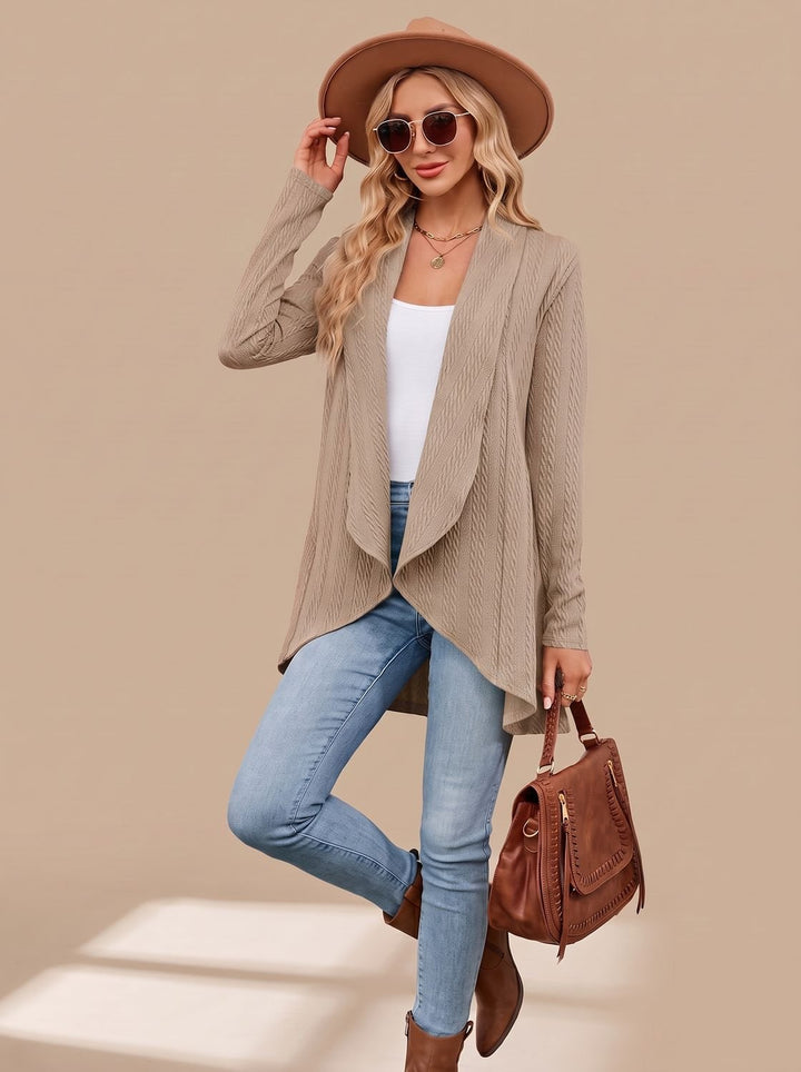 Women's Cable-Knit Open-Front Long-Sleeve Cardigan Sweater - Khaki