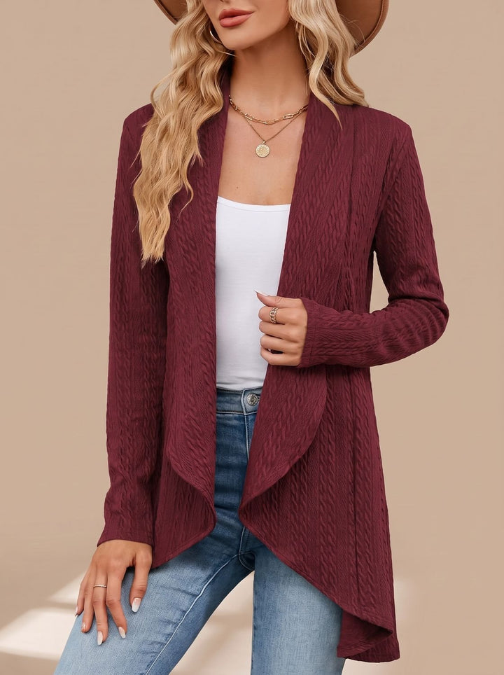 Women's Cable-Knit Open-Front Long-Sleeve Cardigan Sweater - Red