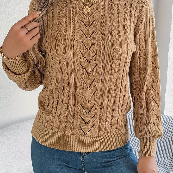 Women's Cable-Knit Openwork Round-Neck Pullover Sweater - Khaki