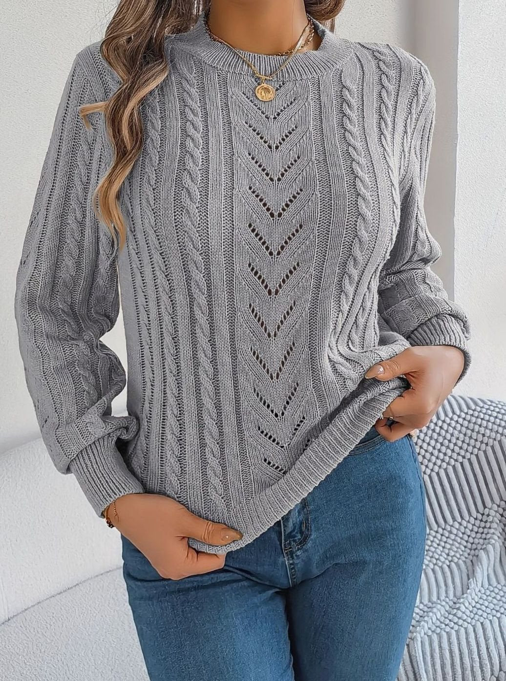 Women's Cable-Knit Openwork Round-Neck Pullover Sweater