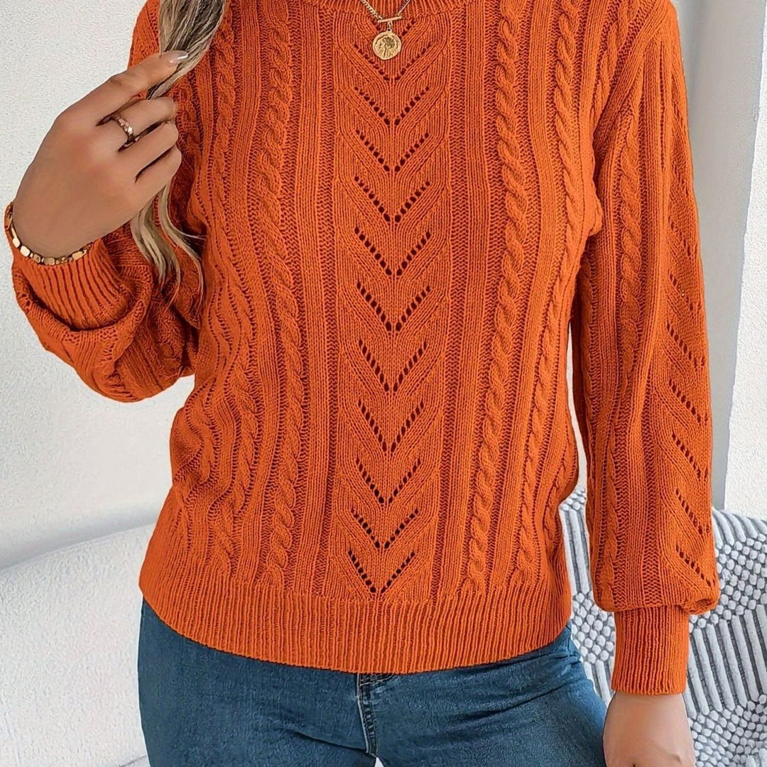 Women's Cable-Knit Openwork Round-Neck Pullover Sweater - Orange-Red