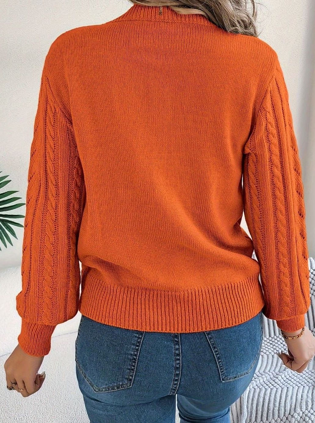 Women's Cable-Knit Openwork Round-Neck Pullover Sweater