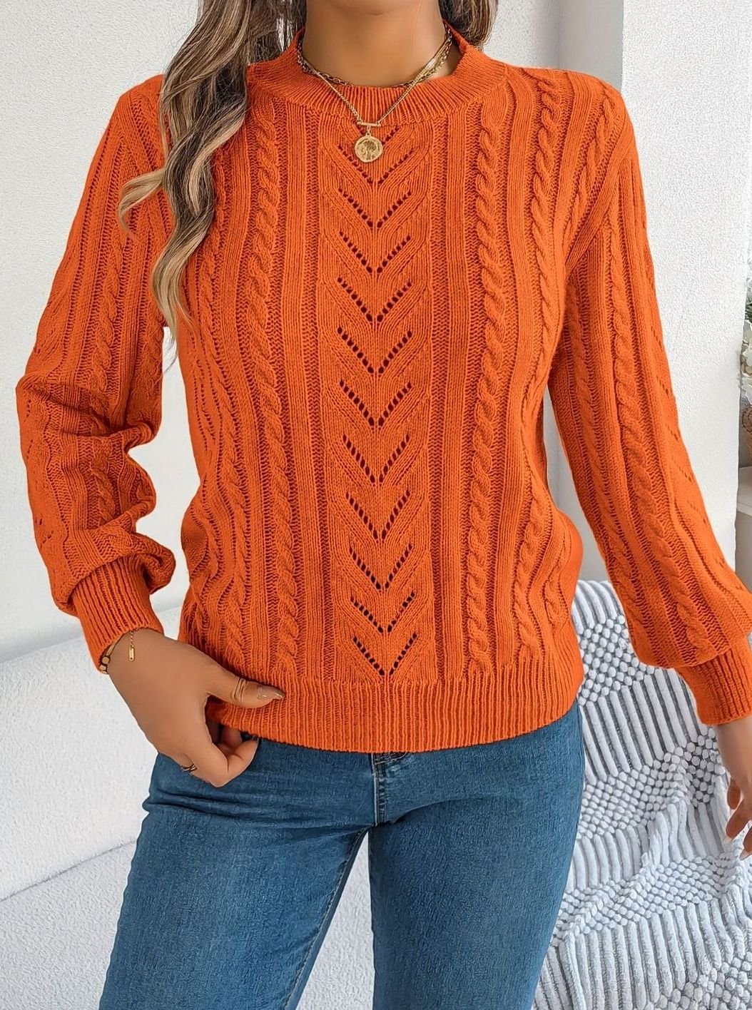 Women's Cable-Knit Openwork Round-Neck Pullover Sweater