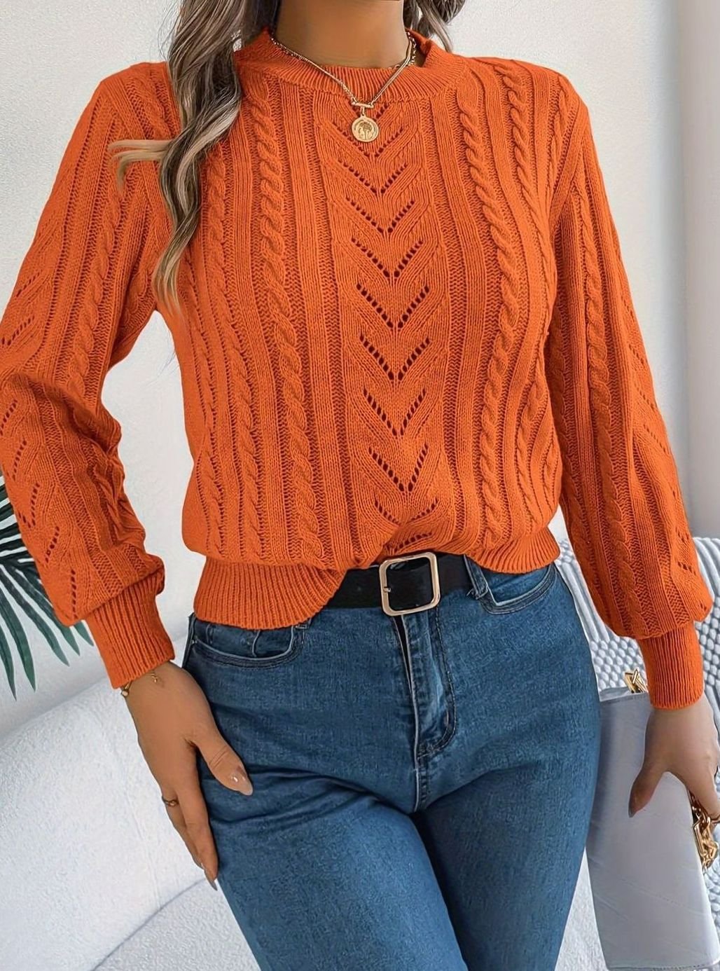 Women's Cable-Knit Openwork Round-Neck Pullover Sweater