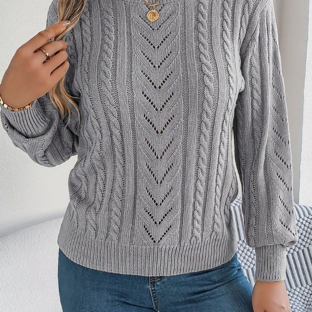 Women's Cable-Knit Openwork Round-Neck Pullover Sweater - Gray