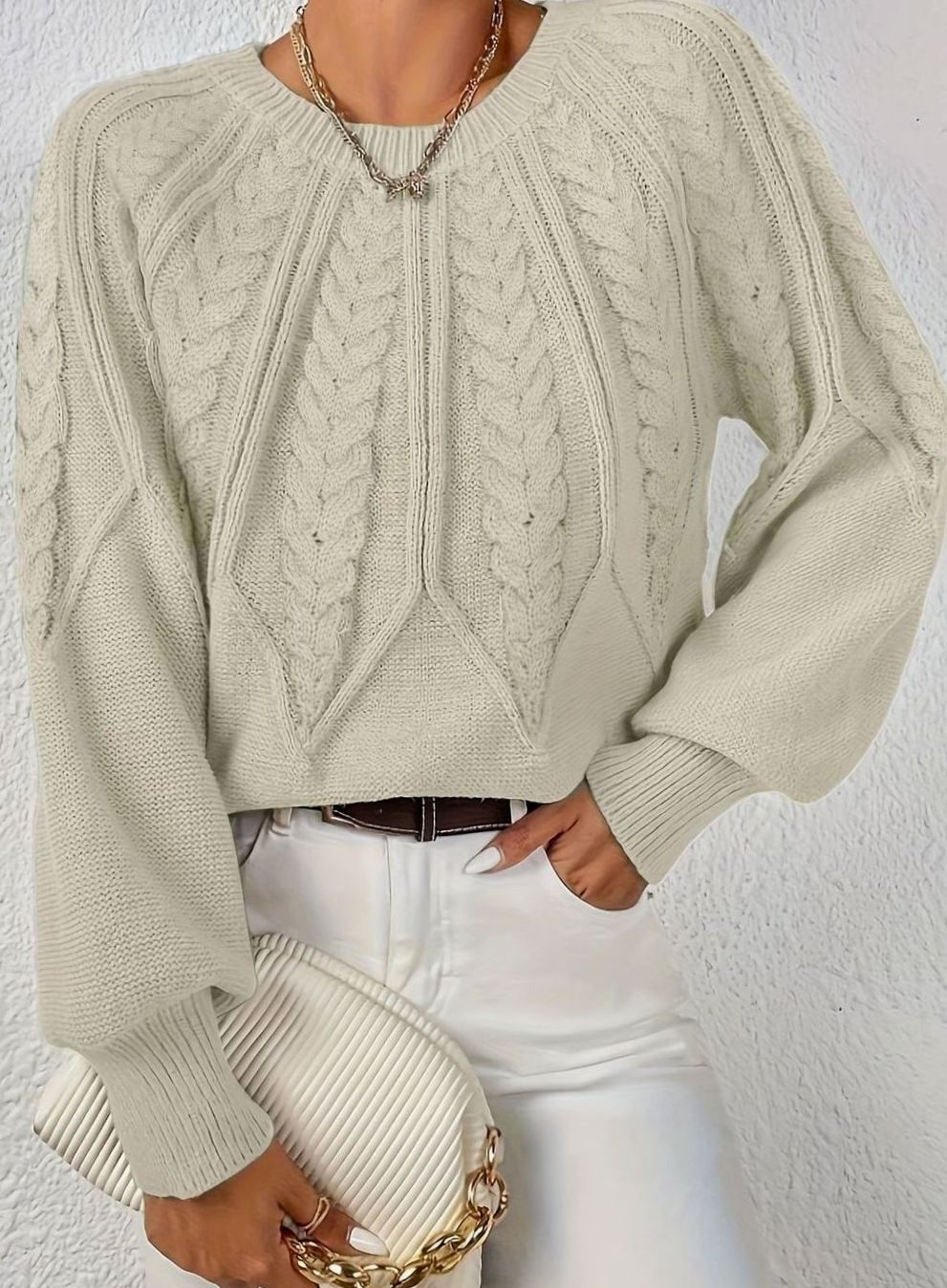 Women's Cable-Knit Round-Neck Raglan Sleeve Sweater