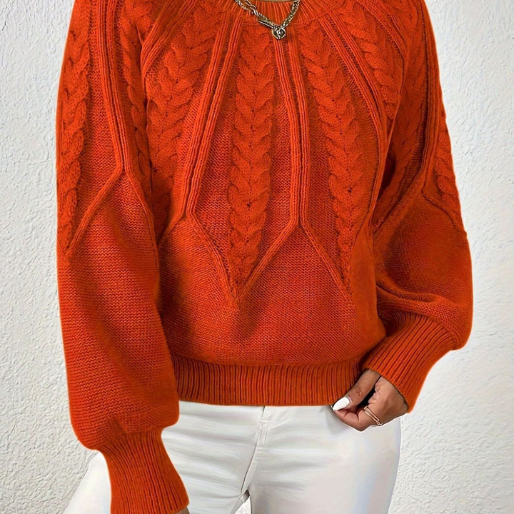 Women's Cable-Knit Round-Neck Raglan Sleeve Sweater - Orange Red