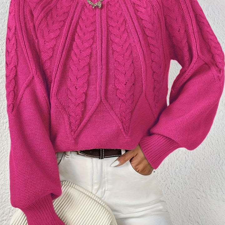 Women's Cable-Knit Round-Neck Raglan Sleeve Sweater - Rose Red
