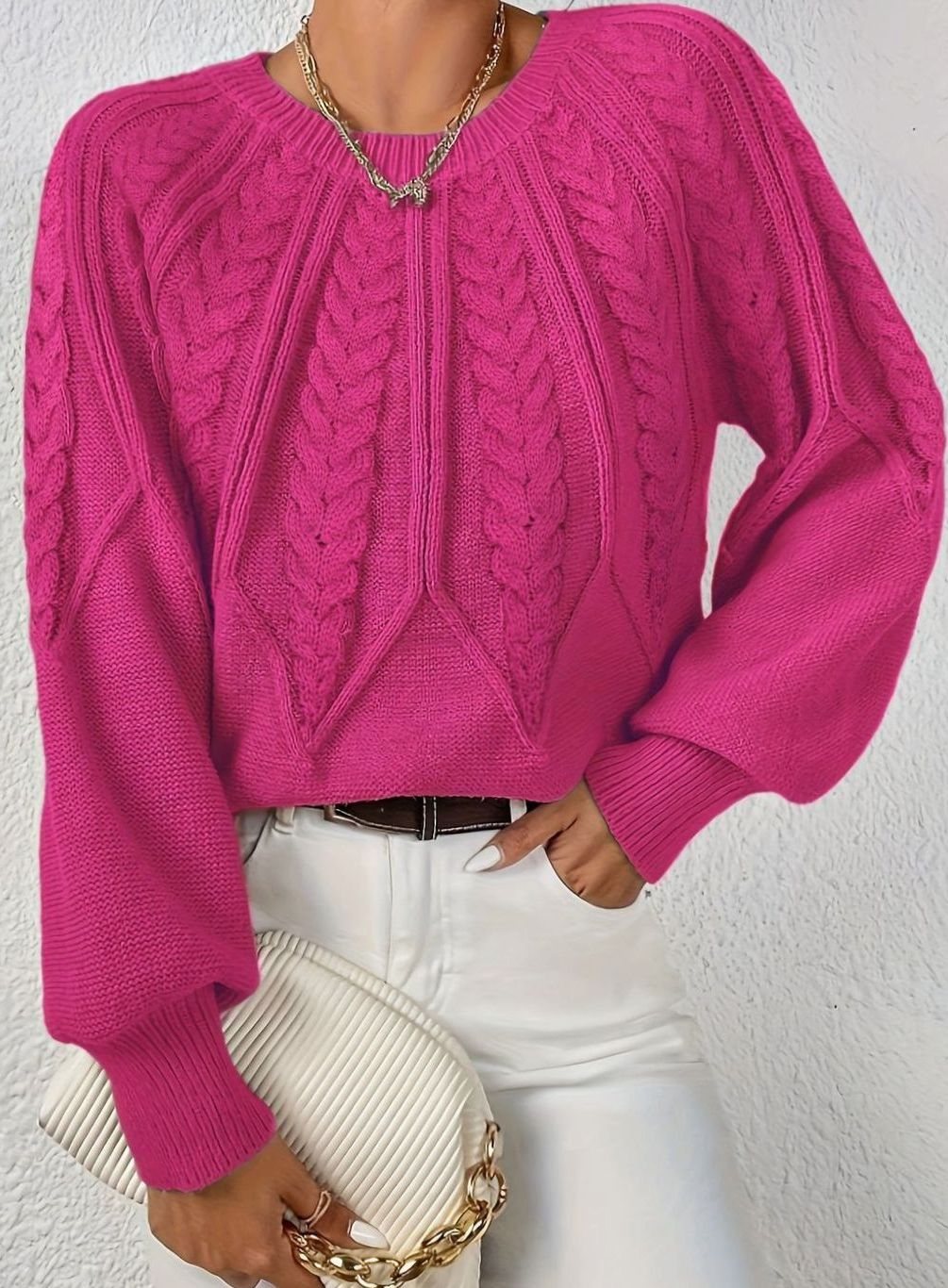 Women's Cable-Knit Round-Neck Raglan Sleeve Sweater