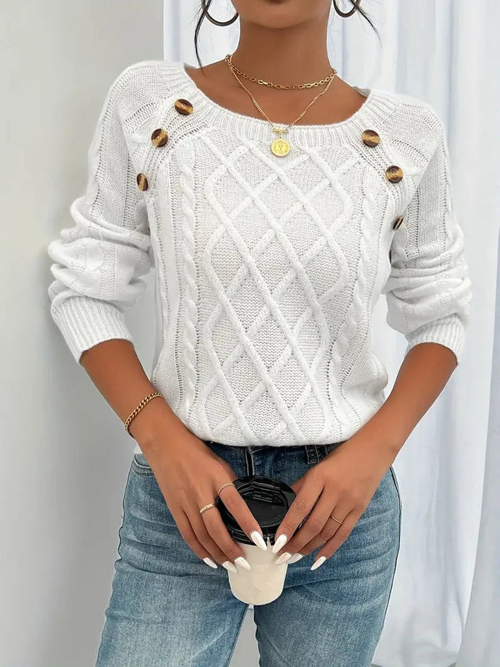 Women's Cable Knit Sweater Raglan-Sleeve Button-Trim Pullover - White