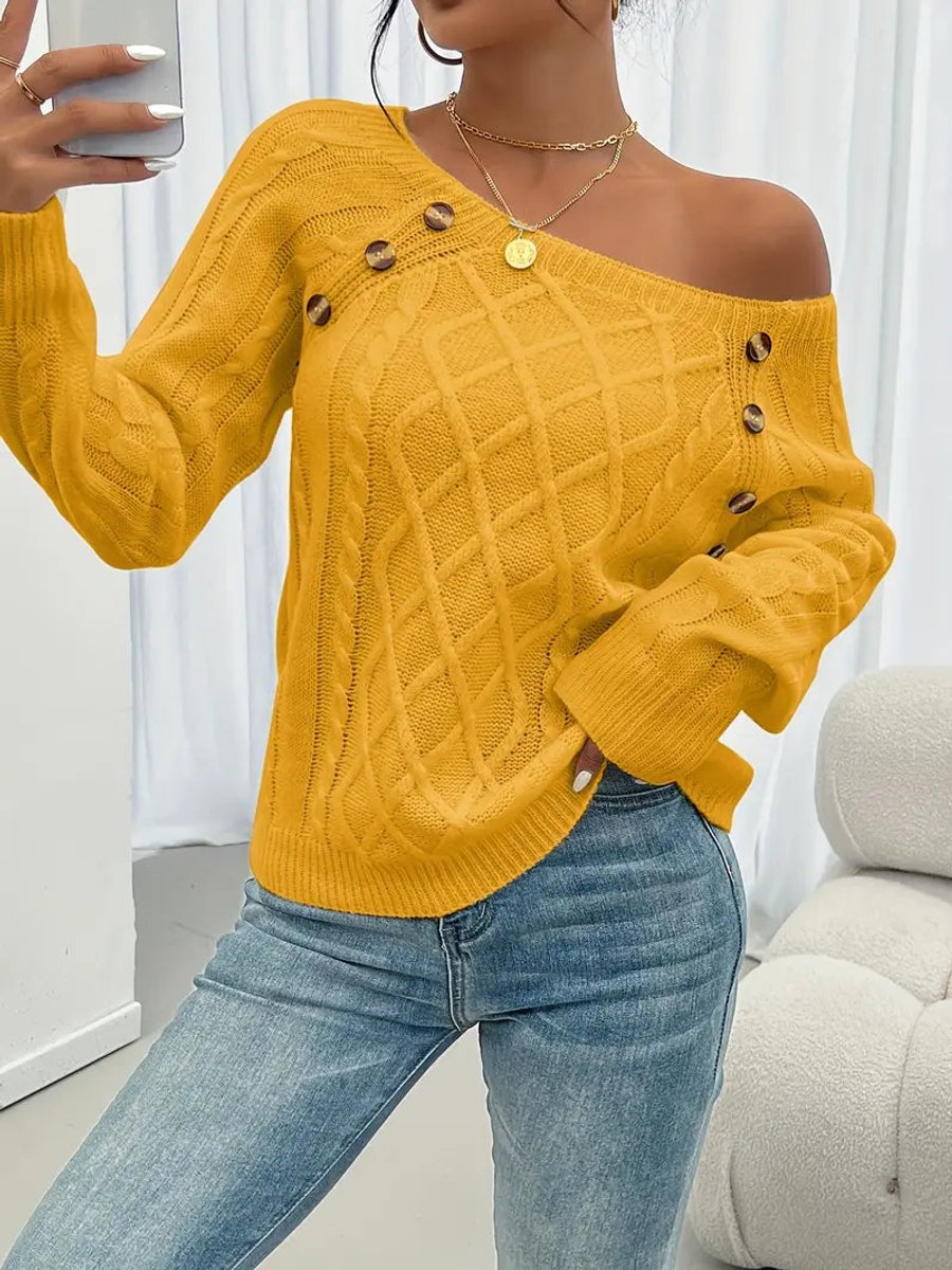 Women's Cable Knit Sweater Raglan-Sleeve Button-Trim Pullover