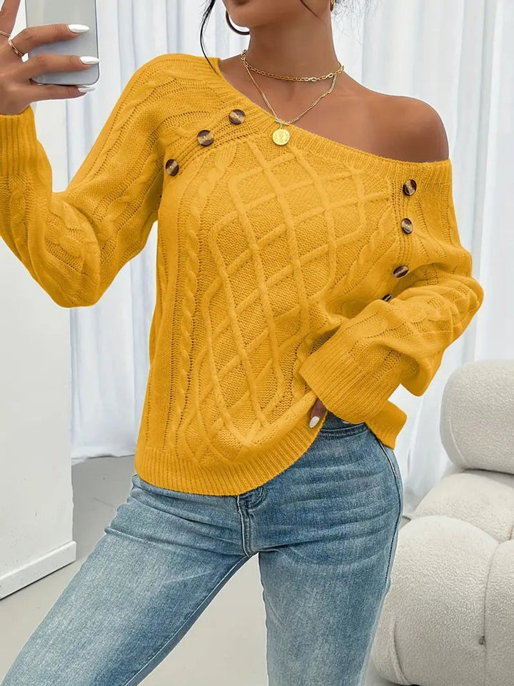 Women's Cable Knit Sweater Raglan-Sleeve Button-Trim Pullover