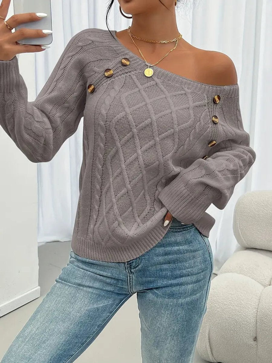 Women's Cable Knit Sweater Raglan-Sleeve Button-Trim Pullover