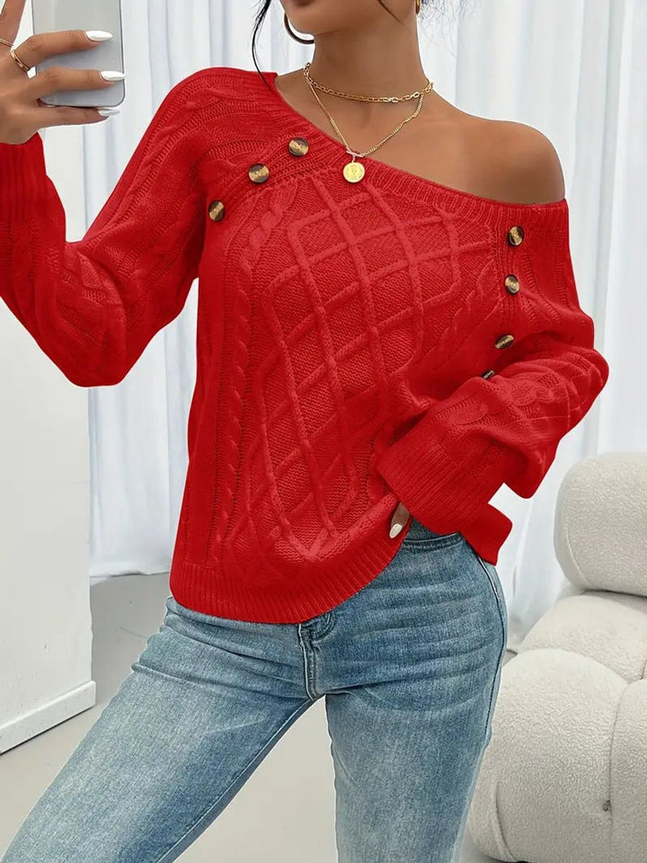 Women's Cable Knit Sweater Raglan-Sleeve Button-Trim Pullover