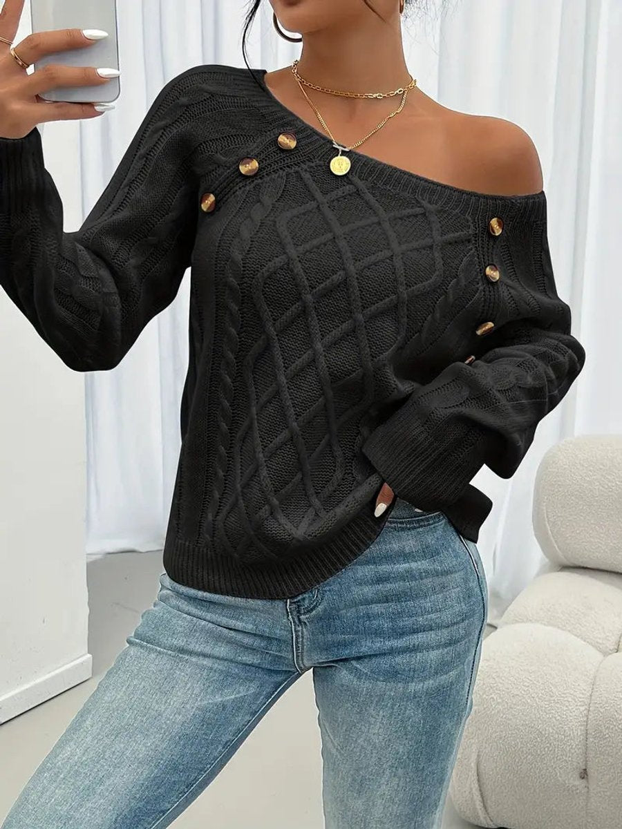 Women's Cable Knit Sweater Raglan-Sleeve Button-Trim Pullover