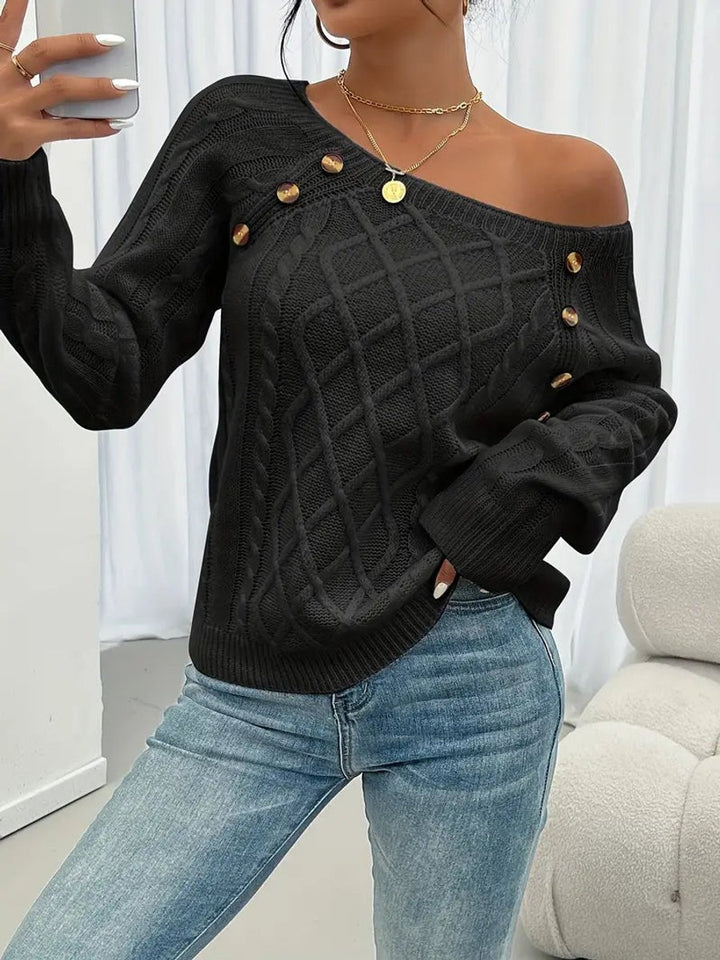 Women's Cable Knit Sweater Raglan-Sleeve Button-Trim Pullover