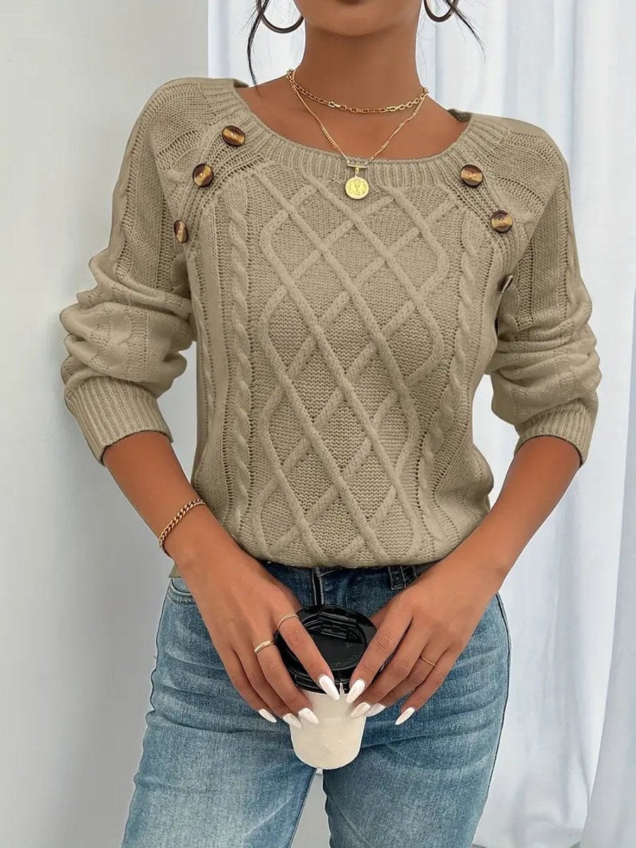 Women's Cable Knit Sweater Raglan-Sleeve Button-Trim Pullover - Khaki