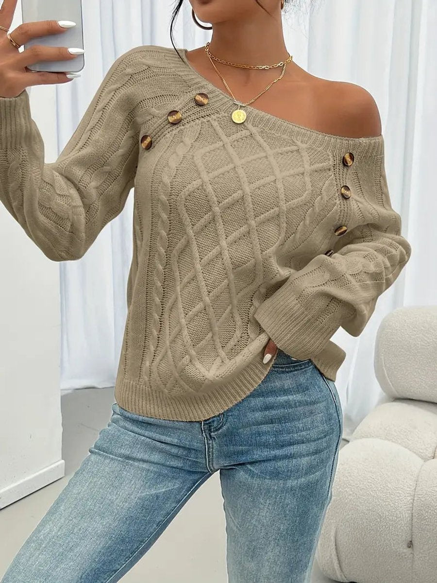 Women's Cable Knit Sweater Raglan-Sleeve Button-Trim Pullover