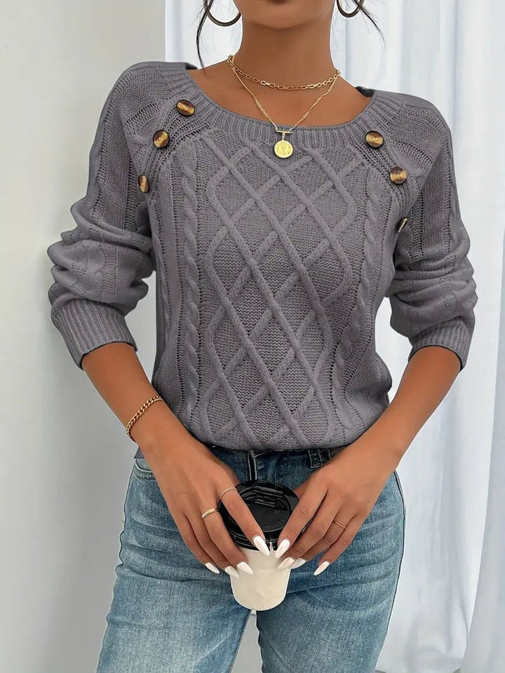 Women's Cable Knit Sweater Raglan-Sleeve Button-Trim Pullover - Dark Gray