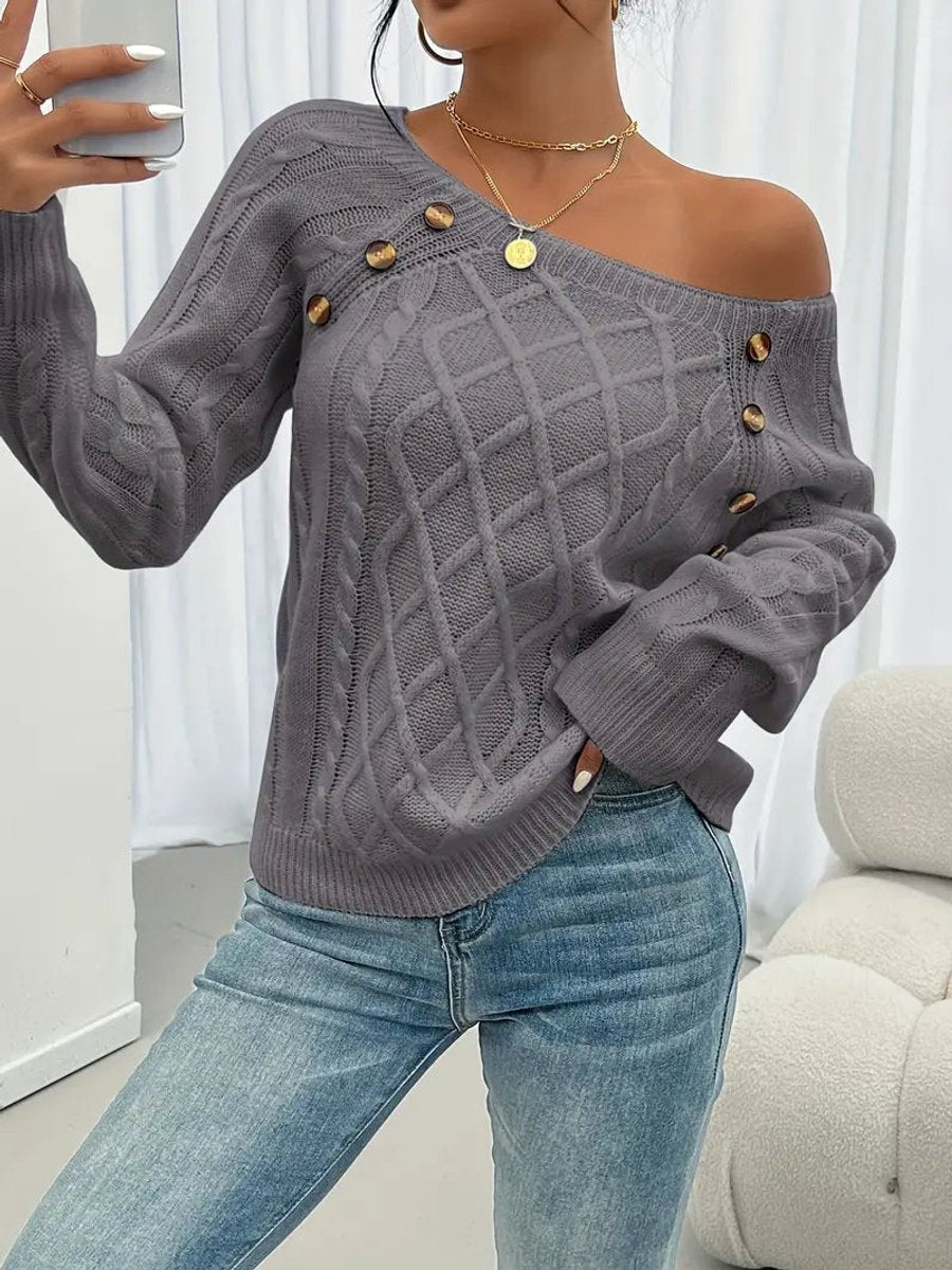 Women's Cable Knit Sweater Raglan-Sleeve Button-Trim Pullover