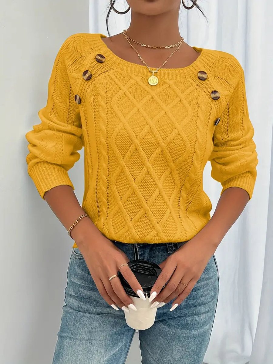 Women's Cable Knit Sweater Raglan-Sleeve Button-Trim Pullover - Golden