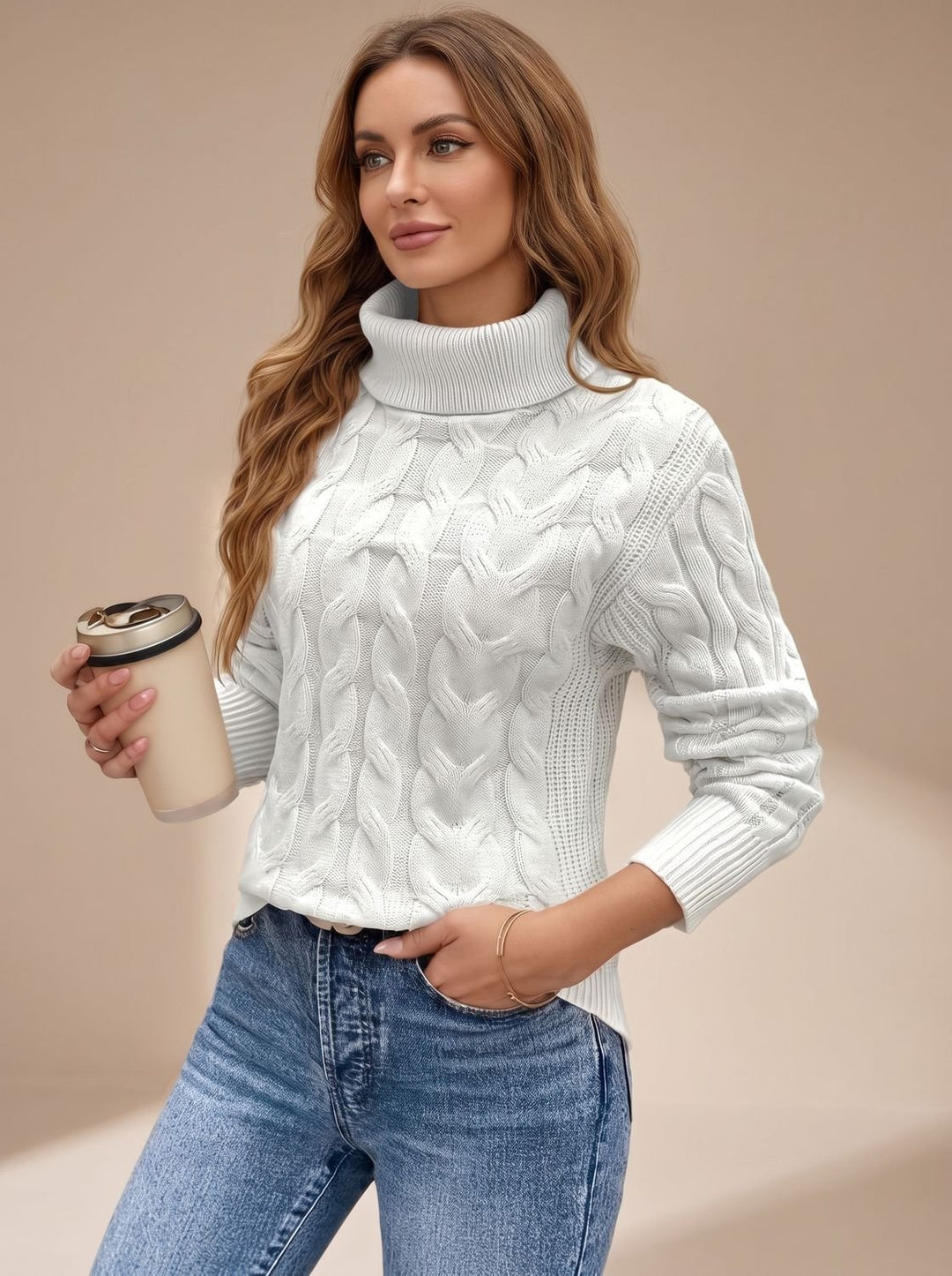 Women's Cable-Knit Turtleneck Long-Sleeve Sweater - White