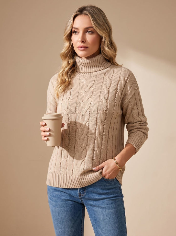 Women's Cable-Knit Turtleneck Long-Sleeve Sweater - Light Gray