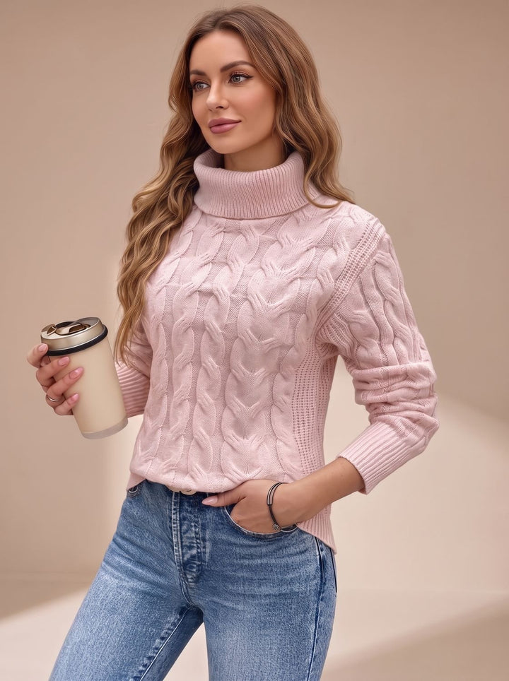 Women's Cable-Knit Turtleneck Long-Sleeve Sweater - Light Pink