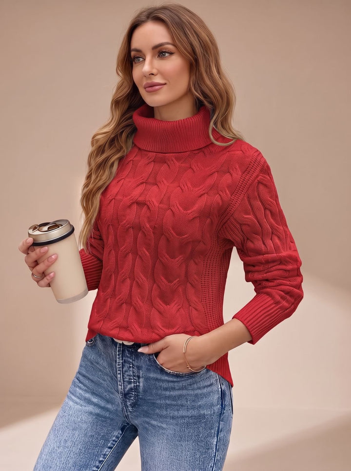 Women's Cable-Knit Turtleneck Long-Sleeve Sweater - Red