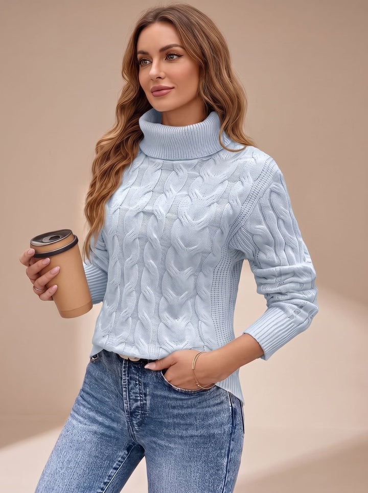 Women's Cable-Knit Turtleneck Long-Sleeve Sweater - Light Blue
