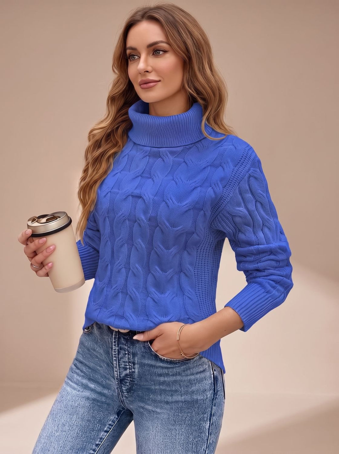 Women's Cable-Knit Turtleneck Long-Sleeve Sweater - Royal Blue