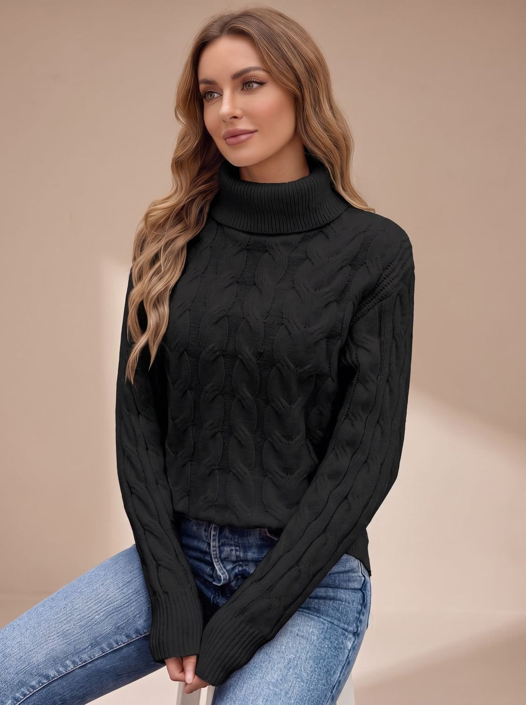 Women's Cable-Knit Turtleneck Long-Sleeve Sweater - Black