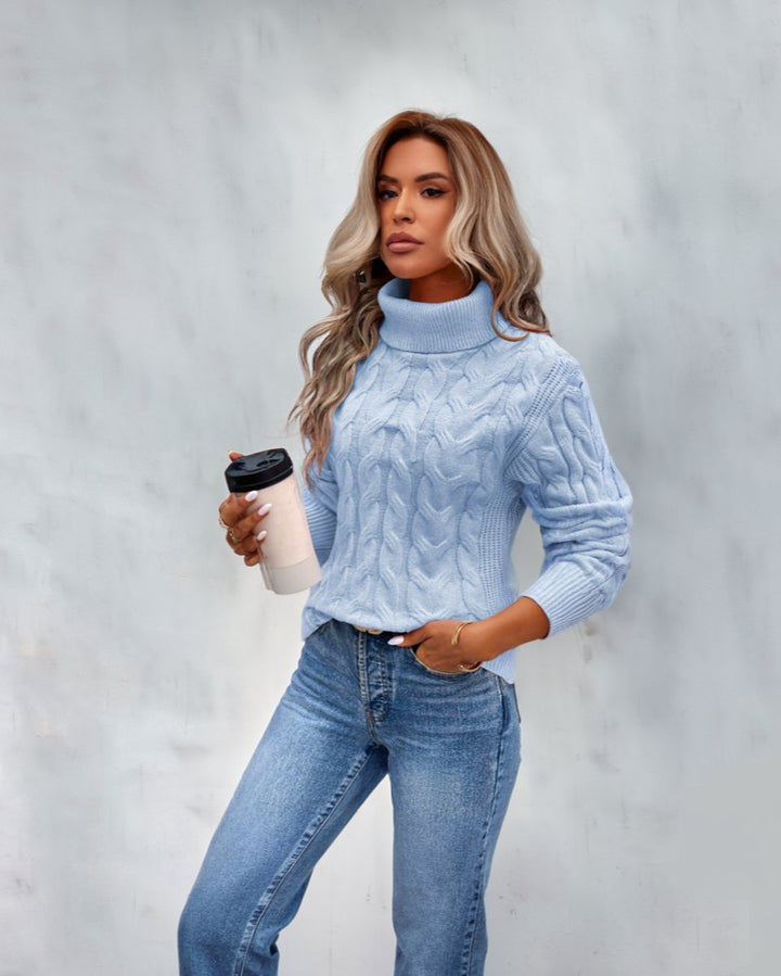 Women's Cable Knit Turtleneck Sweater Long Sleeve Pullover - Blue