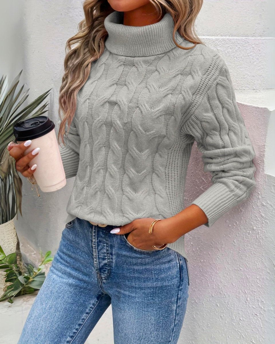 Women's Cable Knit Turtleneck Sweater Long Sleeve Pullover - Gray