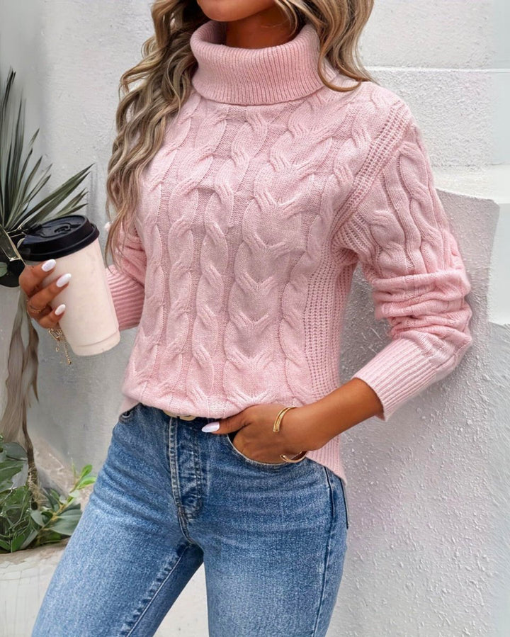 Women's Cable Knit Turtleneck Sweater Long Sleeve Pullover - Pink