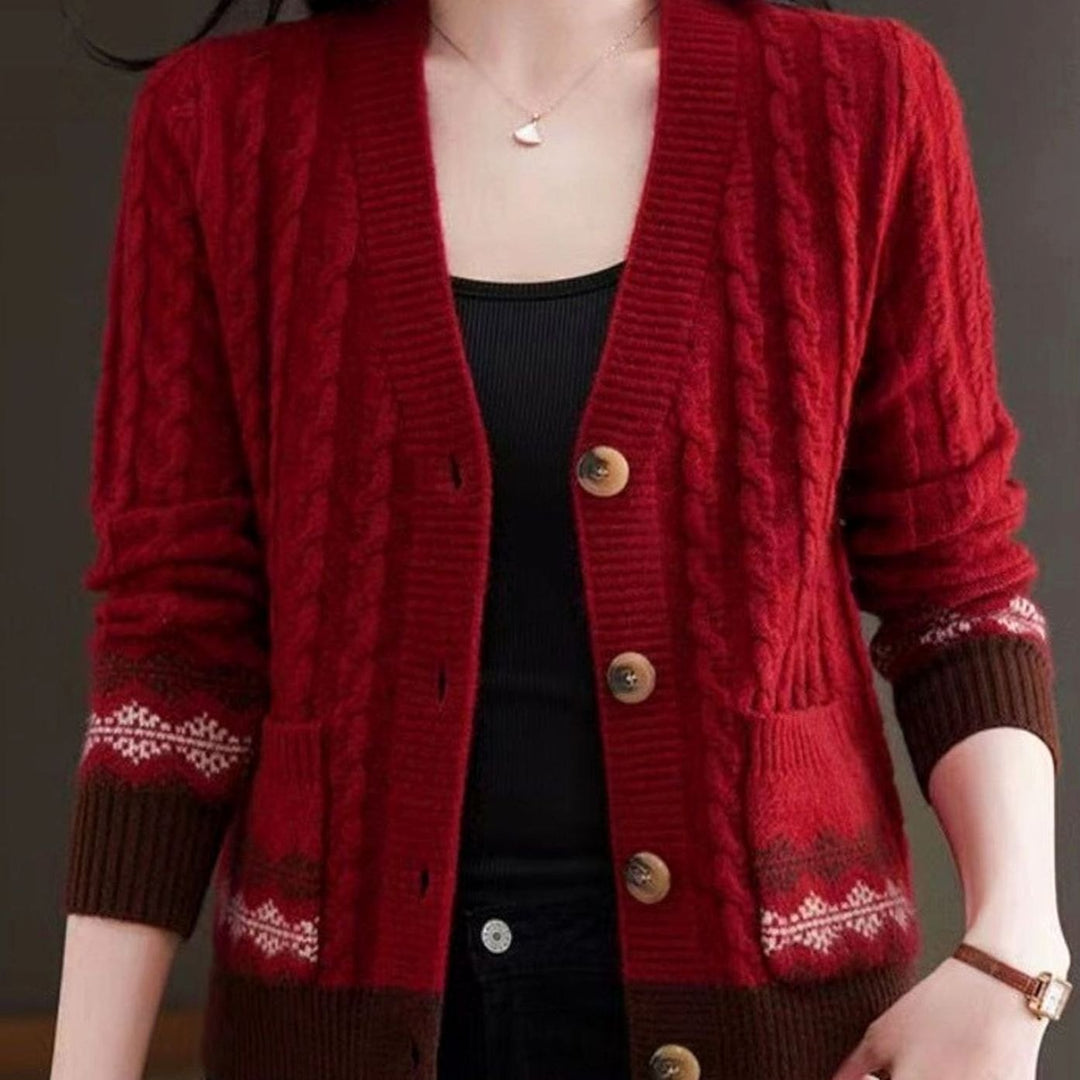 Women's Cable Knit V-Neck Cardigan Fair Isle Trim Button Sweater - Red