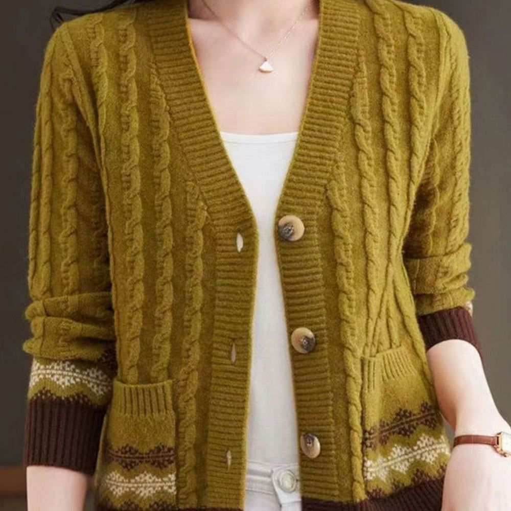 Women's Cable Knit V-Neck Cardigan Fair Isle Trim Button Sweater - Yellow
