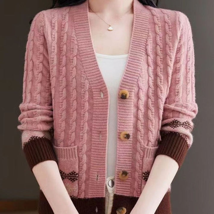 Women's Cable Knit V-Neck Cardigan Fair Isle Trim Button Sweater - Pink