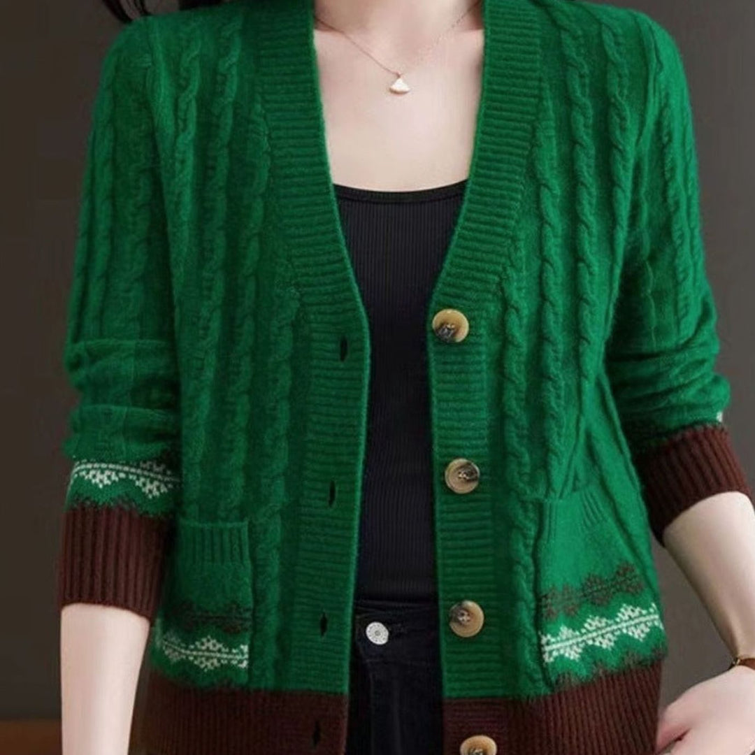 Women's Cable Knit V-Neck Cardigan Fair Isle Trim Button Sweater - Green