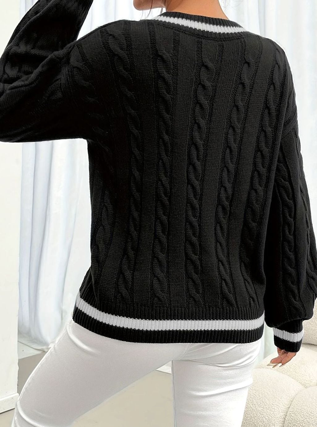 Women's Cable-Knit V-Neck Drop-Shoulder Sweater