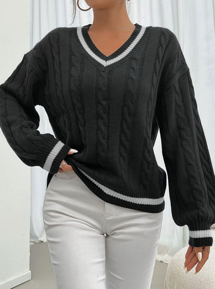 Women's Cable-Knit V-Neck Drop-Shoulder Sweater