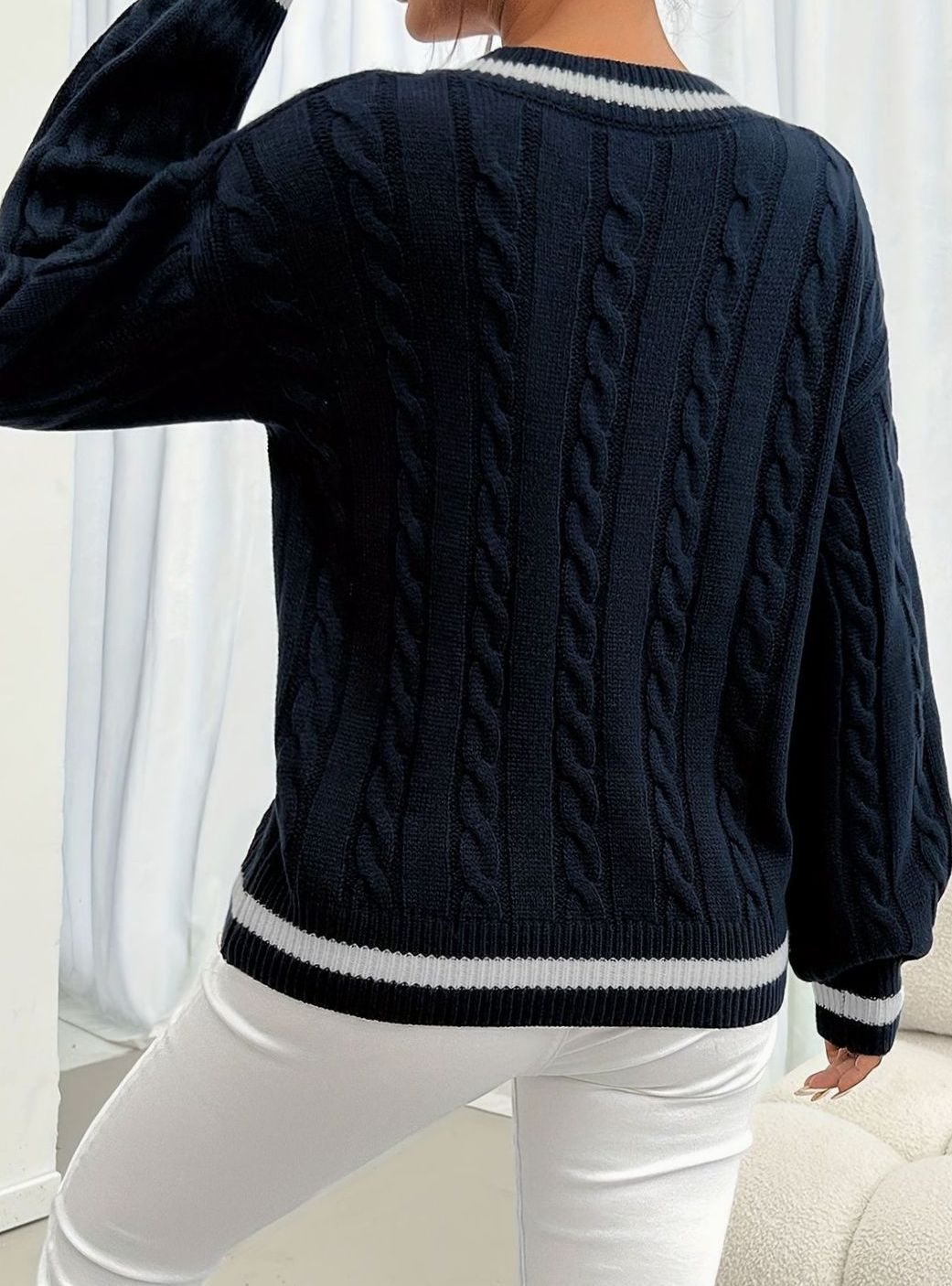 Women's Cable-Knit V-Neck Drop-Shoulder Sweater