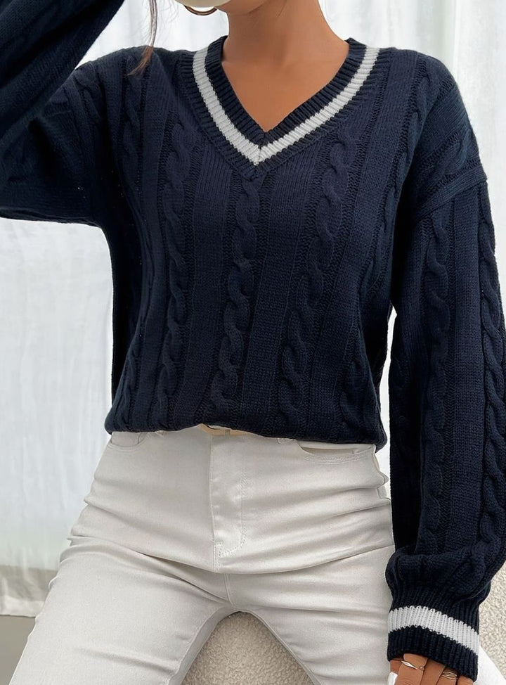 Women's Cable-Knit V-Neck Drop-Shoulder Sweater