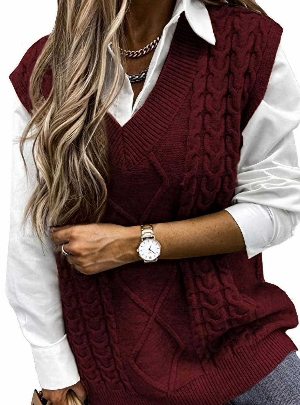 Women's Cable-Knit V-Neck Relaxed-Fit Sweater Vest