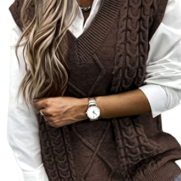 Women's Cable-Knit V-Neck Relaxed-Fit Sweater Vest - Coffee Brown
