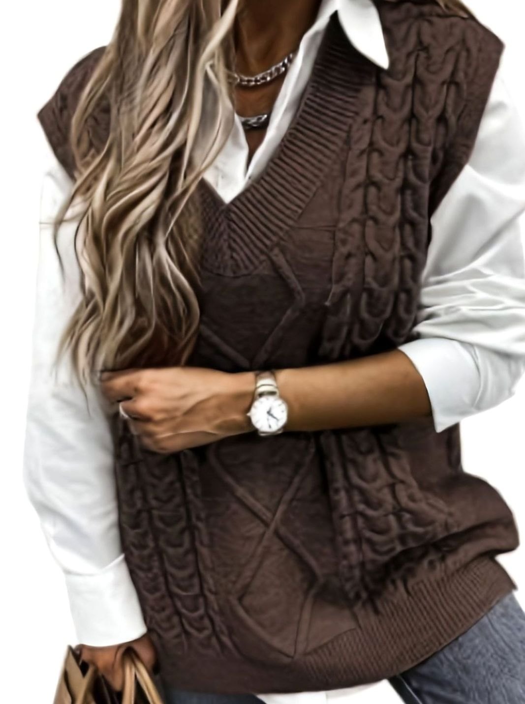 Women's Cable-Knit V-Neck Relaxed-Fit Sweater Vest