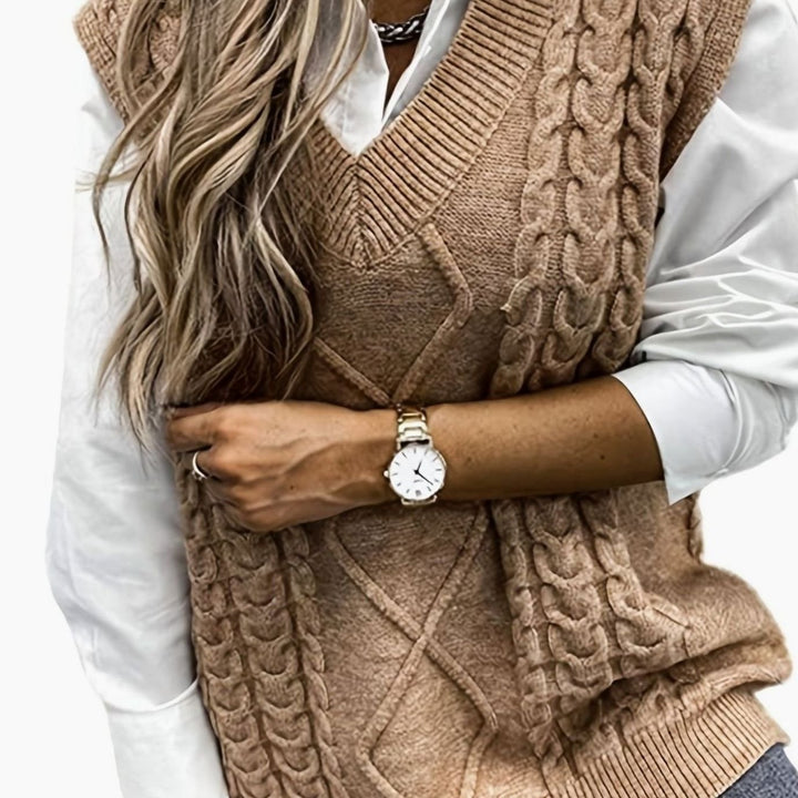 Women's Cable-Knit V-Neck Relaxed-Fit Sweater Vest - Khaki