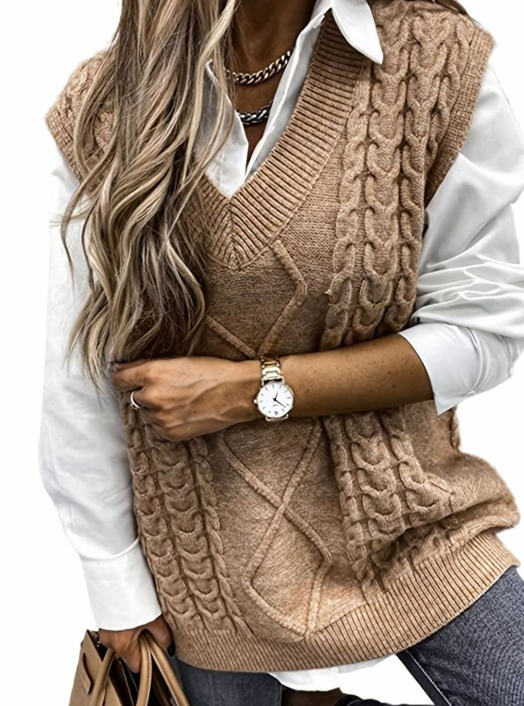 Women's Cable-Knit V-Neck Relaxed-Fit Sweater Vest