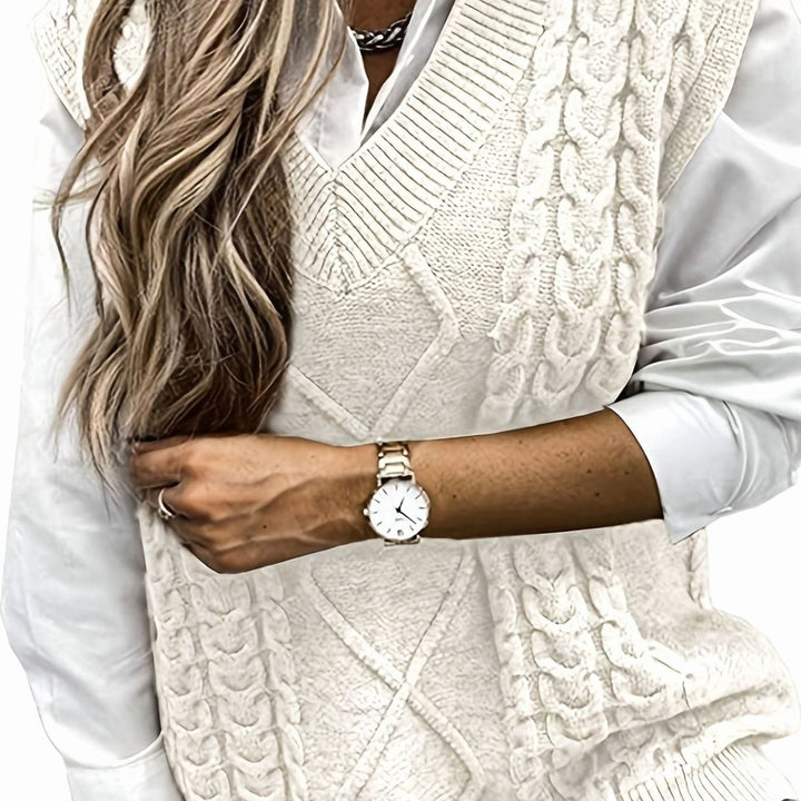 Women's Cable-Knit V-Neck Relaxed-Fit Sweater Vest - Milky White