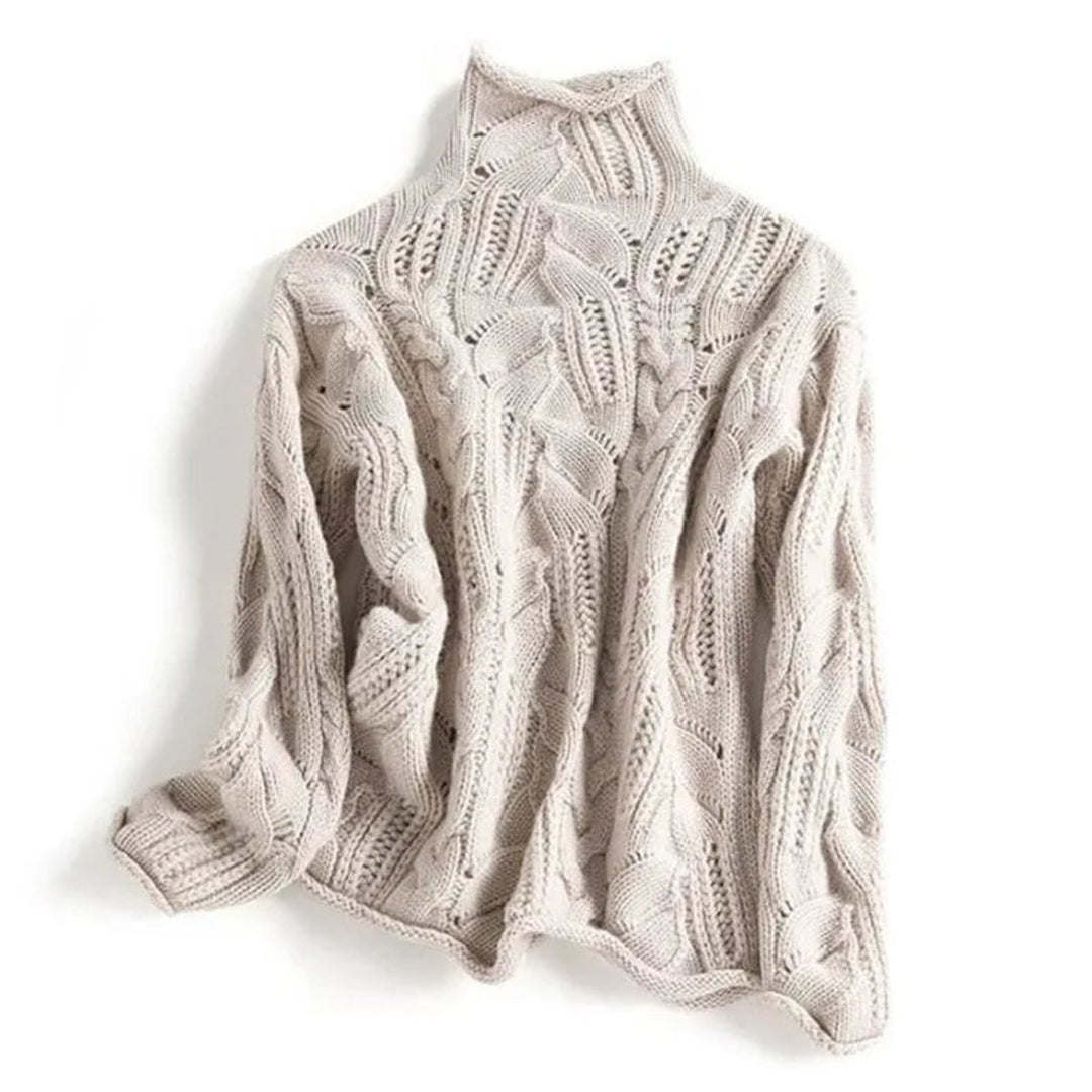 Women's Cable Turtleneck Loose-Fit Long-Sleeve Knit Sweater - Beige